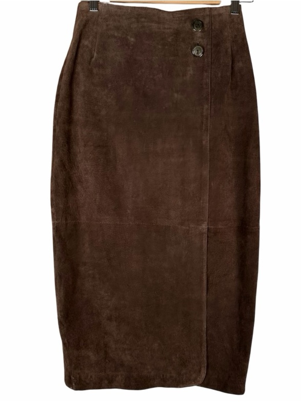 Vintage Casual Corner Chocolate Brown Suede Leather Wrap Pencil Midi Skirt Sz 6